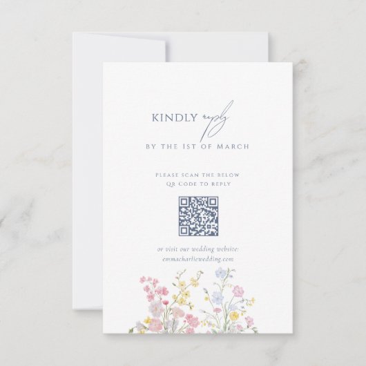 Dusty blue Script Floral Wildflower QR Code RSVP Karte (Vorderseite)