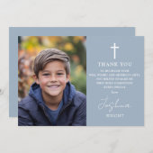 Dusty Blue Script Foto Erste Heilige Kommunion Dankeskarte (Vorne/Hinten)