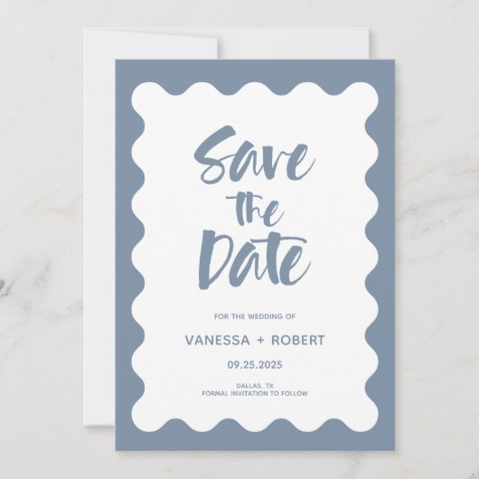 Dusty Blue Script Foto Save the Date Einladung (Vorderseite)