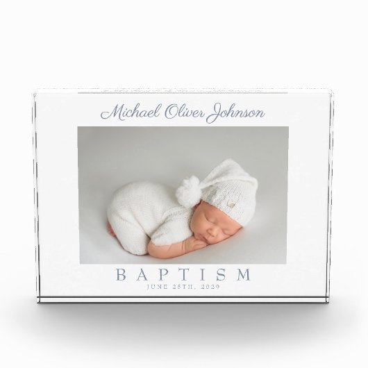 Dusty Blue Script Foto Taufe Foto Block (Vorderseite)