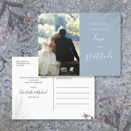 Dusty Blue Script Foto Wedding Vielen Dank Postkarte
