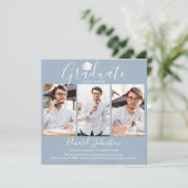 Dusty Blue Script Graduate 4 Foto Abschluss Ankündigung (Stehend Vorderseite)