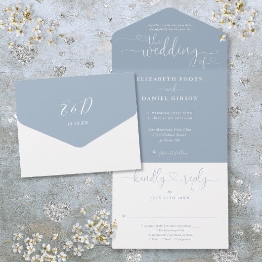 Dusty Blue Script Hearts Minimalistisch Wedding Al All In One Einladung