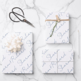 Dusty-Blue-Script-Kalligraphienamen Hochzeit Geschenkpapier Set