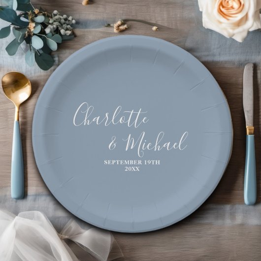 Dusty Blue Script Minimalistisch Wedding Pappteller