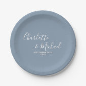 Dusty Blue Script Minimalistisch Wedding Pappteller (Vorderseite)