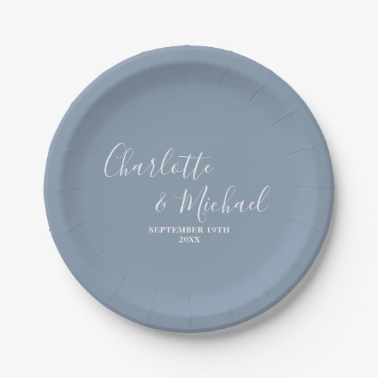 Dusty Blue Script Minimalistisch Wedding Pappteller (Vorderseite)