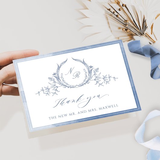 Dusty Blue Script Monogram, Watercolor Wedding the Dankeskarte