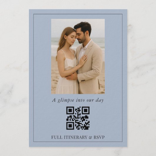 Dusty Blue Script Photo QR Code Wedding Einladung (Rückseite)