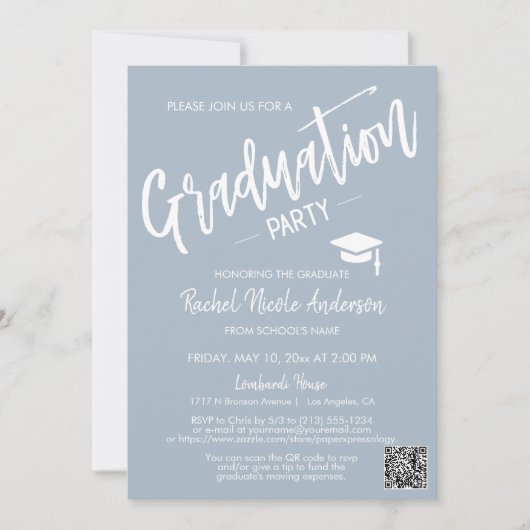 Dusty Blue Script QR Code Foto Graduation Party Einladung (Vorderseite)