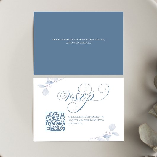 Dusty Blue Script QR Code Wedding RSVP Card Karte