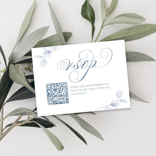 Dusty Blue Script QR Code Wedding RSVP Card Karte
