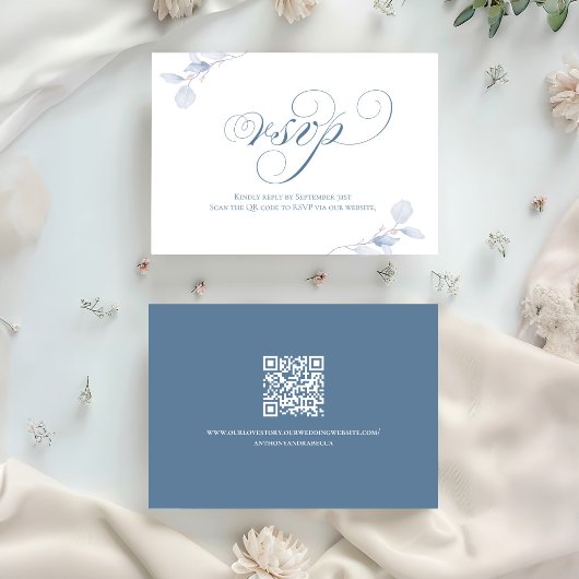Dusty Blue Script QR Wedding RSVP Card Karte