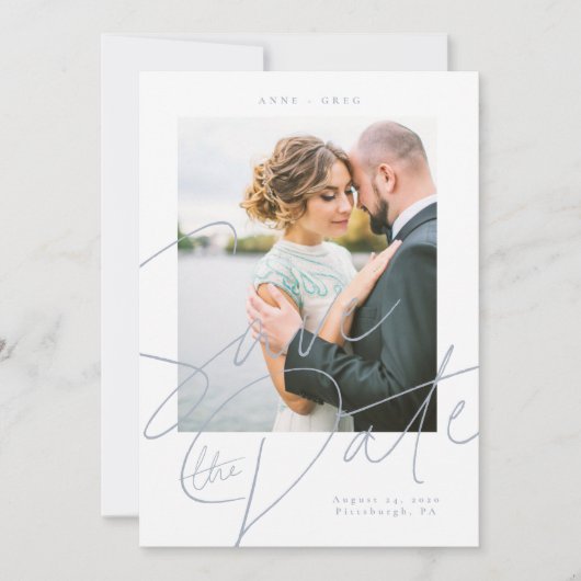 Dusty Blue Script Save the Date Foto Card Einladung (Vorderseite)