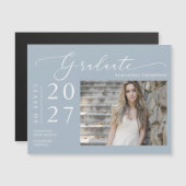 Dusty Blue Script School Graduate Foto Magnet (Vorne/Hinten)
