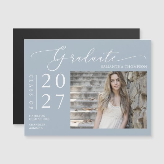 Dusty Blue Script School Graduate Foto Magnet (Vorne/Hinten)