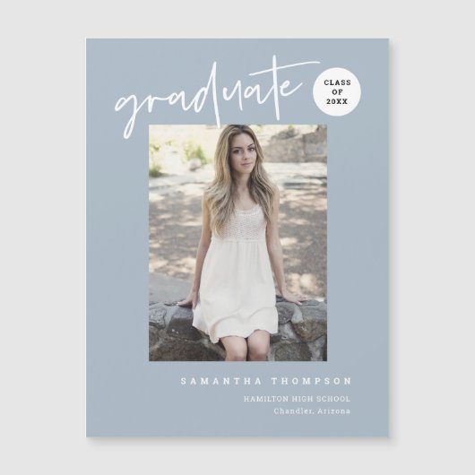 Dusty Blue Script School Graduate Foto Magnet (Vorderseite)