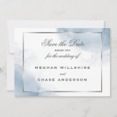 Dusty Blue Script Silver Save the Date Einladung (Vorderseite)
