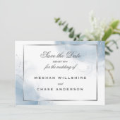 Dusty Blue Script Silver Save the Date Einladung (Stehend Vorderseite)