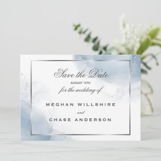 Dusty Blue Script Silver Save the Date Einladung (Stehend Vorderseite)