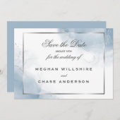 Dusty Blue Script Silver Save the Date Einladung (Vorne/Hinten)
