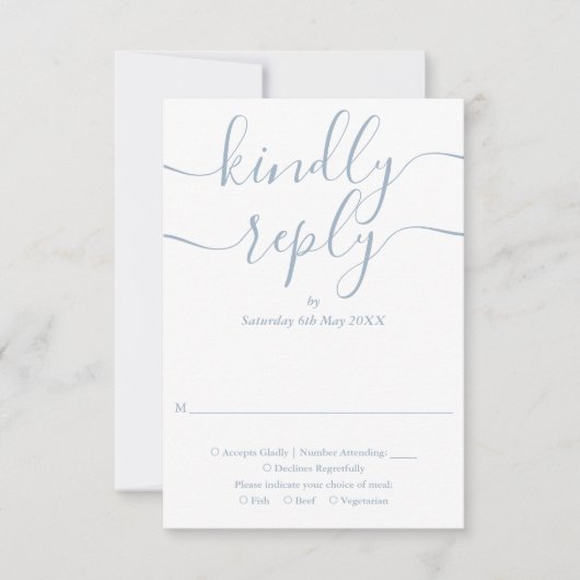 Dusty Blue Script String Lights Wedding RSVP Karte (Vorderseite)