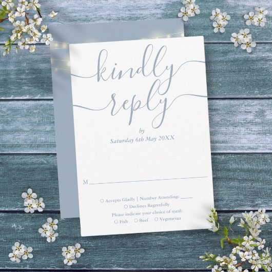 Dusty Blue Script String Lights Wedding RSVP Karte