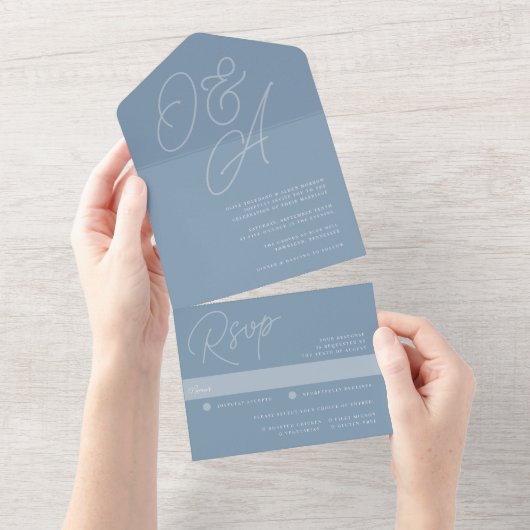 Dusty Blue | Script Watermark Monogram Wedding All In One Einladung (Abreißen)