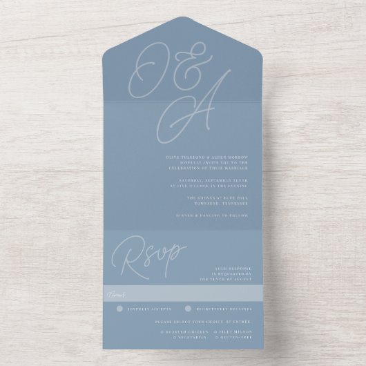Dusty Blue | Script Watermark Monogram Wedding All In One Einladung (Innen Boden)