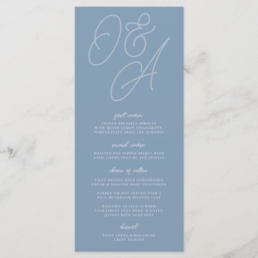 Dusty Blue | Script Watermark Monogram Wedding Menükarte (Vorderseite)