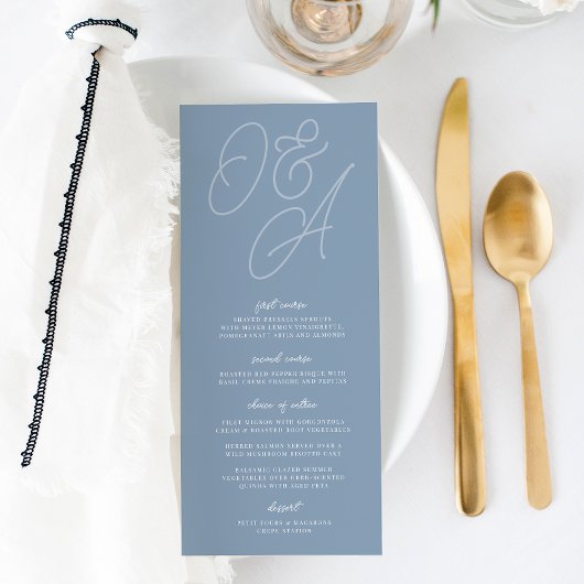Dusty Blue | Script Watermark Monogram Wedding Menükarte