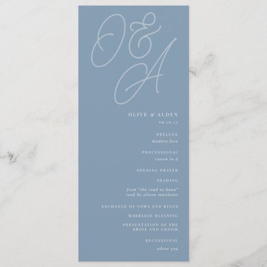 Dusty Blue | Script Watermark Monogram Wedding Programm (Vorderseite)