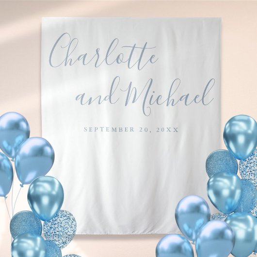 Dusty Blue Script Wedding Foto Booth Hintergrund Wandteppich