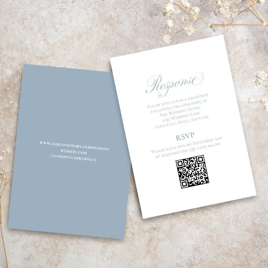 Dusty Blue Script Wedding RSVP QR Code Enclosure Begleitkarte