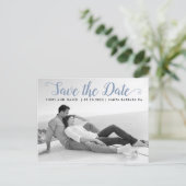 Dusty blue script wedding Save the Date Foto Postkarte (Stehend Vorderseite)