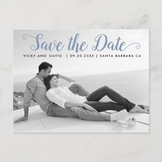 Dusty blue script wedding Save the Date Foto Postkarte (Vorderseite)