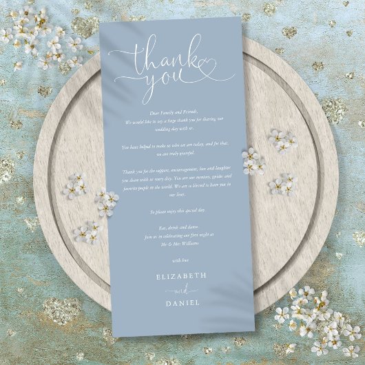 Dusty Blue Script Wedding Vielen Dank Platzkarte Menükarte