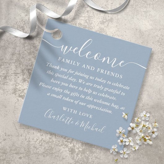 Dusty Blue Script Wedding Willkommensgeschenk Bask Geschenkanhänger