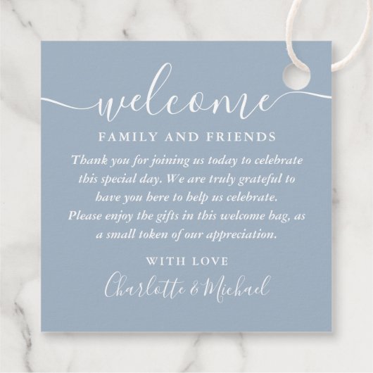 Dusty Blue Script Wedding Willkommensgeschenk Bask Geschenkanhänger (Rückseite)