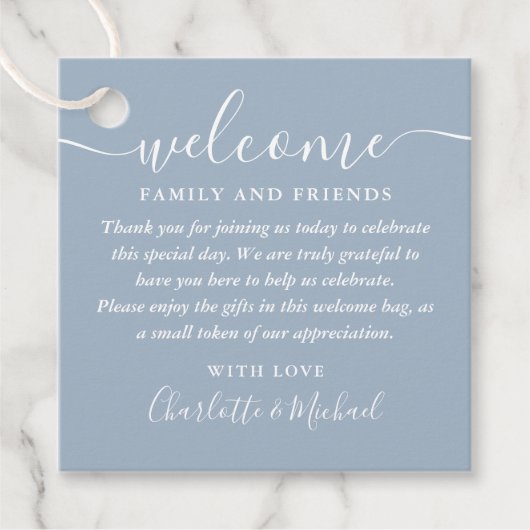 Dusty Blue Script Wedding Willkommensgeschenk Bask Geschenkanhänger (Vorderseite)