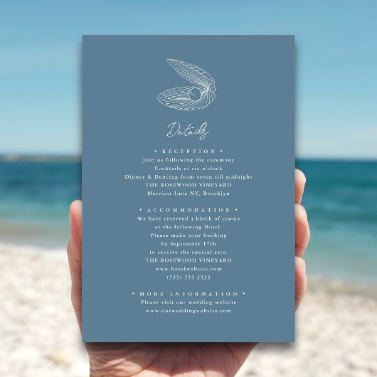 Dusty Blue Seashell Beach Hochzeit in Urlaubsort Begleitkarte