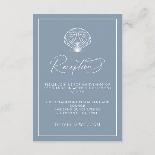 Dusty Blue Seashell Beach Wedding Empfang Begleitkarte (Vorderseite)