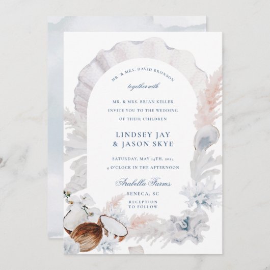 Dusty Blue Seashell Pampas Beach Arch Wedding Einladung (Vorne/Hinten)