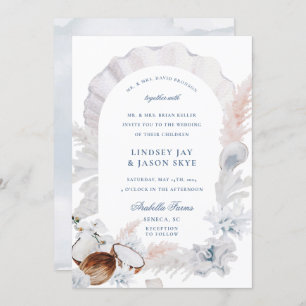 Dusty Blue Seashell Pampas Beach Arch Wedding Einladung