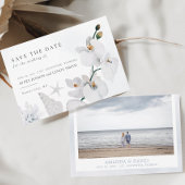 Dusty Blue Seashell White Orchid Beach mit Foto Save The Date