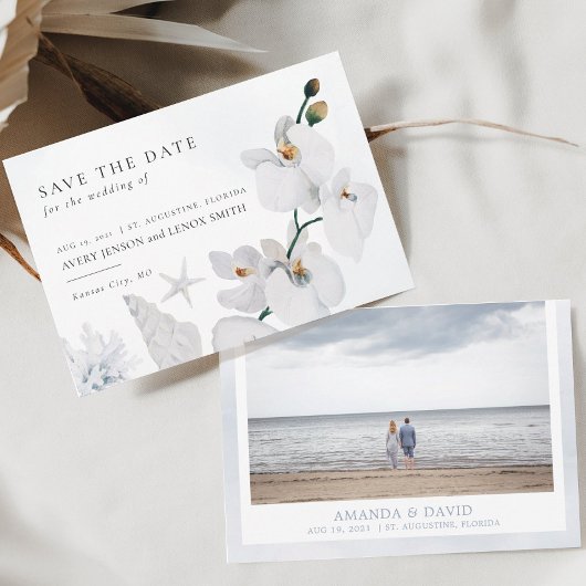 Dusty Blue Seashell White Orchid Beach mit Foto Save The Date