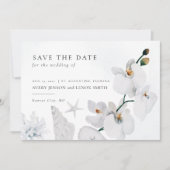 Dusty Blue Seashell White Orchid Beach mit Foto Save The Date (Vorderseite)
