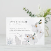 Dusty Blue Seashell White Orchid Beach Save The Date (Stehend Vorderseite)