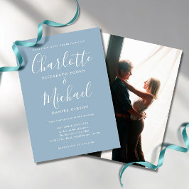Dusty Blue Signature Script Foto Wedding Einladung