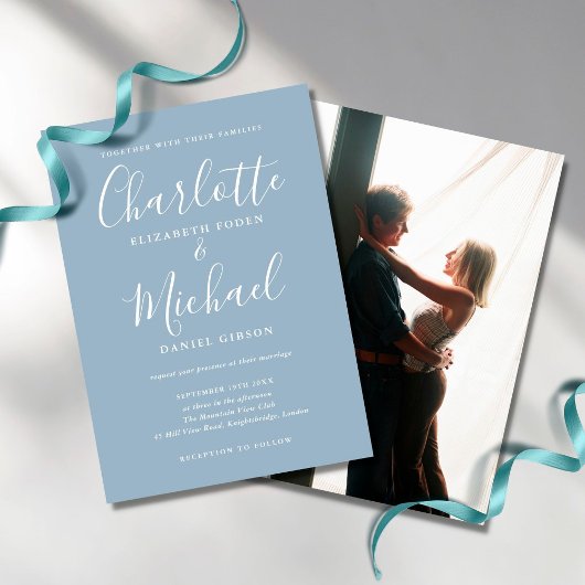 Dusty Blue Signature Script Foto Wedding Einladung